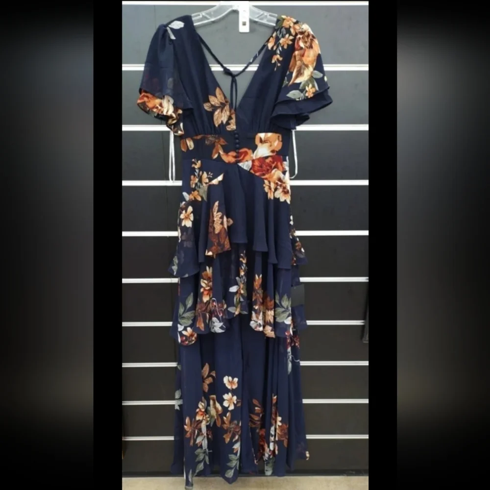 Midnight Mood Navy Blue Floral Print Tiered Maxi Dress Size XS - Picture 4 of 11